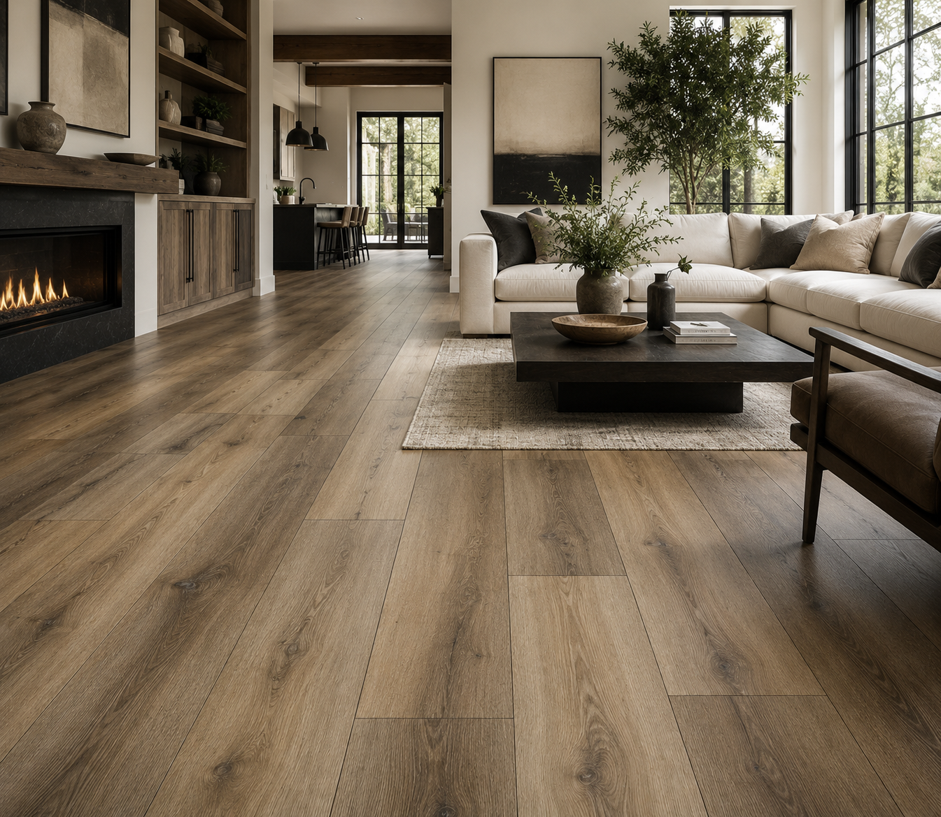 A-Z Discount Flooring luxury vinyl plank installed in a bright living room with fireplace